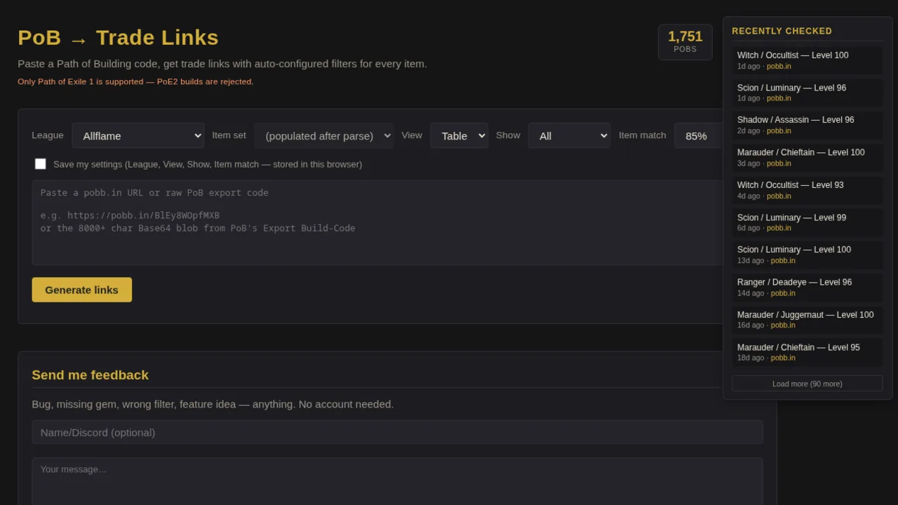 PoB Trade Links: paste field, league and item-match settings, recently checked builds