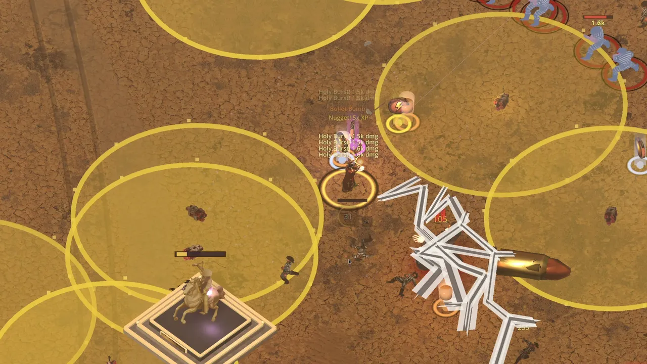 Gameplay: a giant bullet flies past golden aura rings and a ritual site